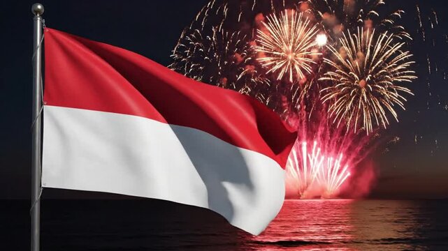 Indonesian Flag Waving with Fireworks over Sea at Night