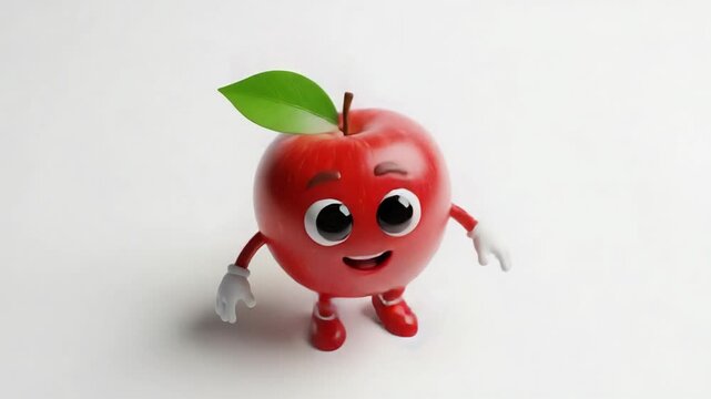 Happy Cartoon Apple Character Walking and Winking with Green Leaf