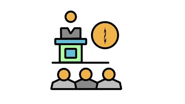 Business Seminar Presentation Animated Icon. Animated flat line icon showing a speaker on a podium presenting financial data with a coin symbol to audience.