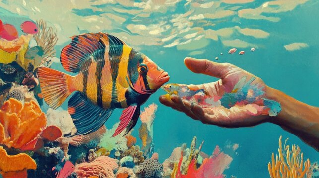 Vivid painting merges hand offering small fish to large striped fish underwater