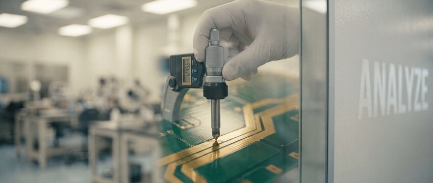 Quality control measurement PCB electronic circuit board testing with digital micrometer in laboratory environment for high tech microelectronics manufacturing quality assurance and engineering analys