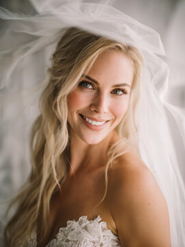 Beautiful smiling bride with long blonde hair wearing a delicate lace wedding dress and flowing veil in soft natural light portrait photography