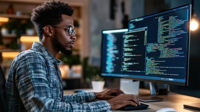A man with glasses codes on a computer with two monitors, lit by soft ambient light