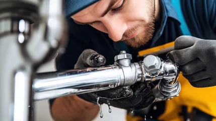 Person in work clothes examines a silver pipe system with gloved hands © subur