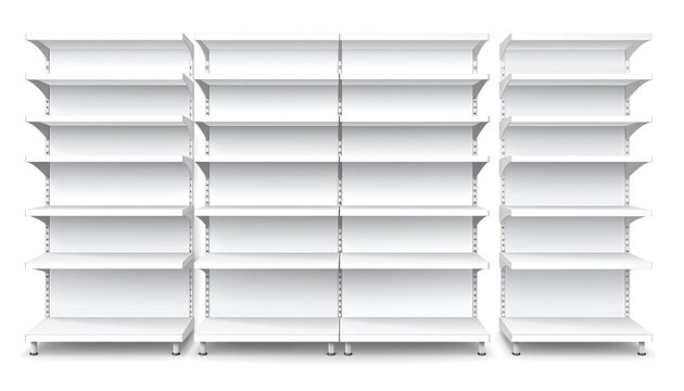 Isolated empty retail store supermarket shelves, modular shop display racks for product merchandising, clean commercial shelving system