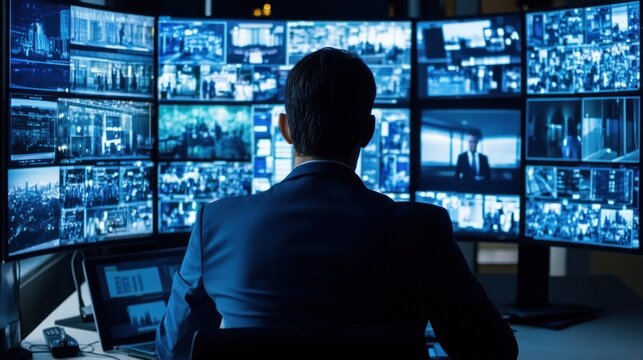 Person in suit observes multiple screens displaying surveillance footage