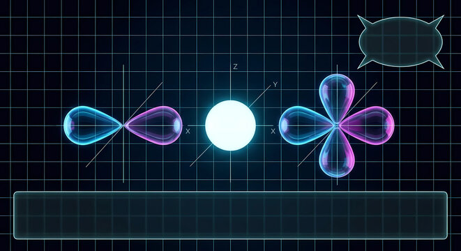 Atomic orbital shapes diagram representing quantum chemistry principles including s, p, and d orbitals with blank text placeholder boxes for educational slides.