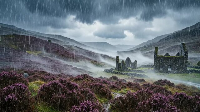 Atmospheric rain over ancient stone ruins in scottish highlands with purple heather landscape scotland