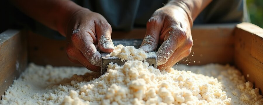 Hands process manioc root into flour. Close-up shot shows traditional food preparation using a grater. Person makes starch powder for cooking. Rural agriculture and homemade food.