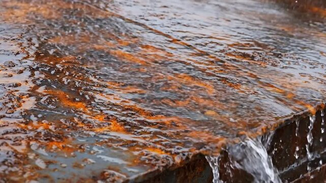 Water flowing over rusted metal surface, industrial texture background, close-up of corroded steel with cascading liquid