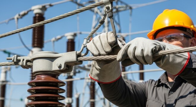Electrician work with power line at electrical substation. Man engineer wears safety helmet and glove fixing transmission cable. Industrial energy technology and maintenance concept.
