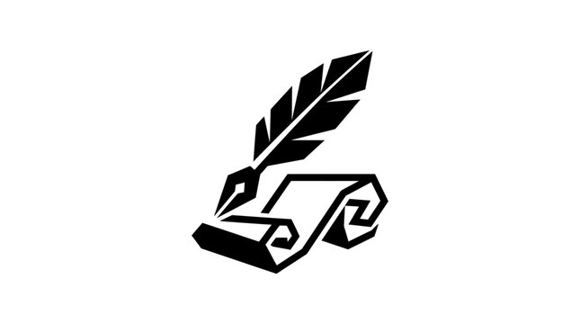 Classic quill feather pen on rolled paper scroll icon