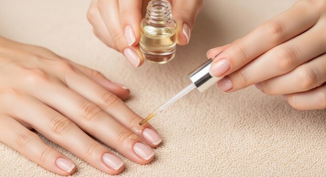 Woman applying cuticle oil to her fingernails. Nail care procedure for healthy skin and manicure maintenance. Moisturizing beauty treatment for natural hand and nail wellness concept.
