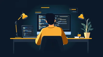Cartoon of person coding at a desk with laptop, desktop, and lamps in a dark setting © subur