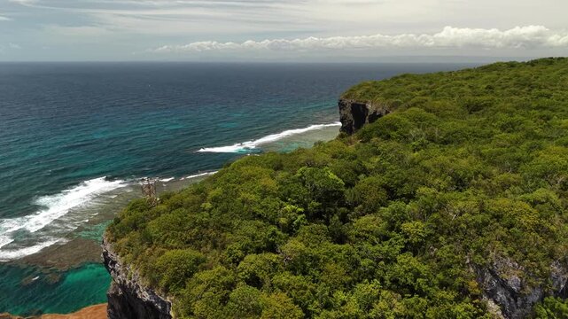 Drone aerial from the top of Fronton Beach cliffs revealing tropical vegetation and panoramic ocean views.