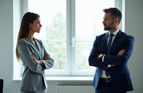 Man and woman business people stand facing each other with arms crossed. Colleagues discuss project by window. Pro team conversation inside office building.
