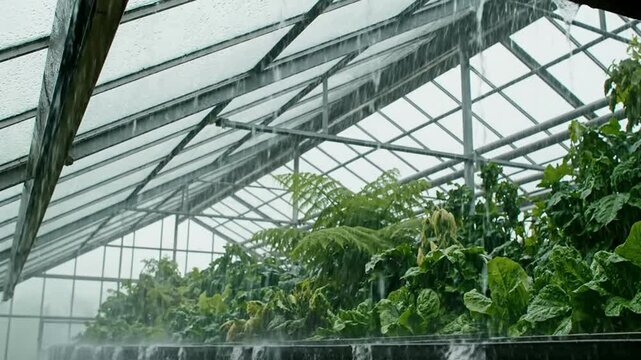 Heavy rain falling on greenhouse glass roof with lush green plants and ferns inside rainy day glasshouse