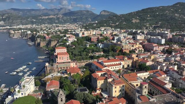 Sorrento, tourist destination near the Amalfi coast, Naples, Italy. Aerial Day view of Sorrento on the Gulf of Naples.