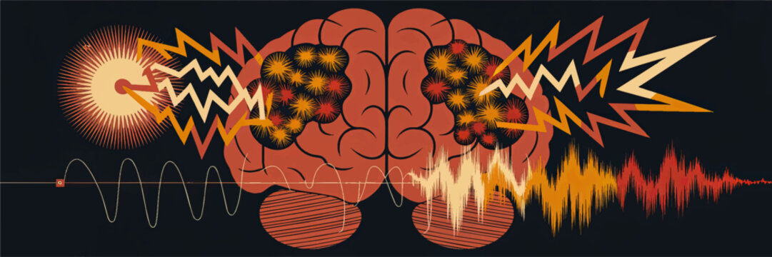 Abstract neurology illustration of human brain, migraine pain, epilepsy seizure and sound waves, neuroscience concept on dark background