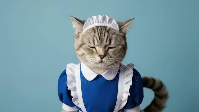 Cute Cat Dressed as a Maid in a Blue Dress and White Apron, Posing on a Blue Background