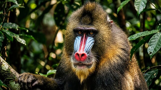 wildlife illustration, a vibrant mandrill showcases its striking blue and red face amidst lush foliage