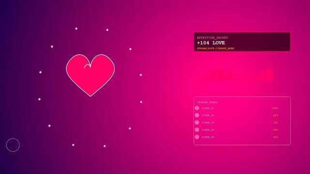 A virtual gifting interface showcasing floating heart icons and digital data charts with live interaction statistics on a vibrant magenta gradient aesthetic motion graphic display