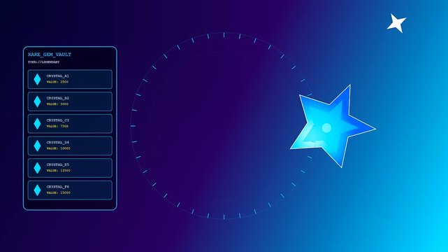a virtual gifting interface displays animated glowing star shapes and rotating circular dial elements within a dark blue luminous menu screen for mobile gaming users