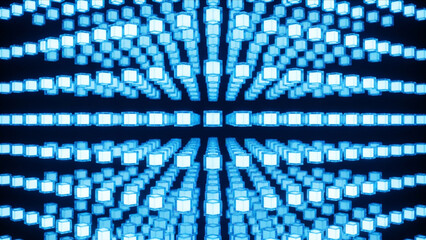 Naklejka premium 透明な空間に静止する無数の発光クリスタルブロックを捉えた幾何学的な背景用3DCG画像