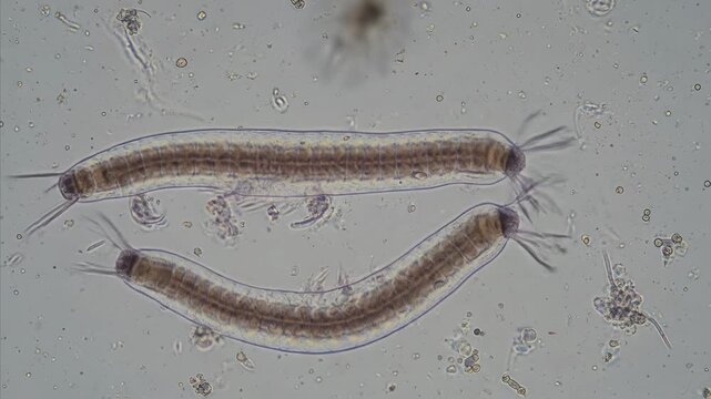 Microscopic view of two segmented aquatic worms swimming in clear water