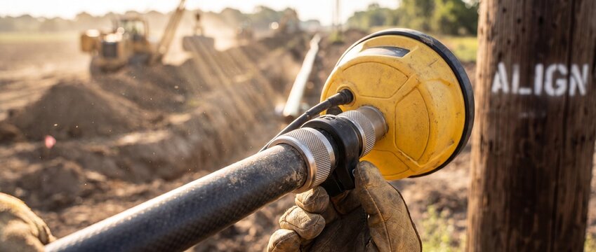 GPS survey receiver utility locator measuring underground pipelines at construction site trench for professional mapping, civil engineering, land surveying and infrastructure development project.