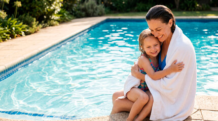 Fototapeta premium Mother drying daughter with white towel by swimming pool. Family enjoying summer heat and water activity. Happy parent and kid relaxing after bath in backyard on sunny vacation day.