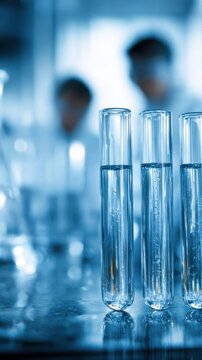 Three test tubes filled with clear liquid in a laboratory setting with blurred scientists performing experiments in the background under cool blue lighting