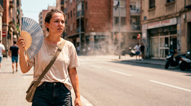 Woman walking on sunny city street using handheld folding fan to cool down. Extreme heat wave and hot summer weather in metropolitan area. Climate change and global warming concept.