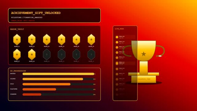 A digital virtual gifting interface glows on screen displaying interactive progress bars and gold trophy icons as data logs update within this stylized mobile gaming display