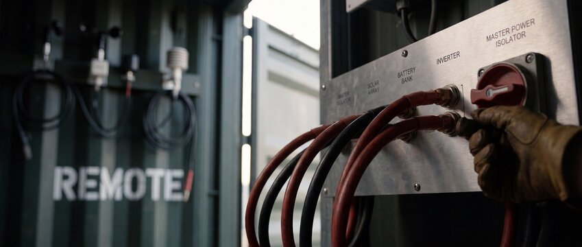 Solar battery bank power switch operated by gloved hand inside remote industrial energy container control panel during technical electrical maintenance check and renewable power supply system operatio