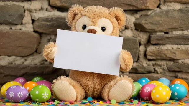 Easter Bear with Blank Card: A fluffy teddy bear sits amidst colorful Easter eggs and confetti, holding a blank card, ready for a personalized message.