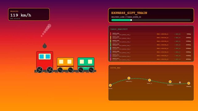 a virtual gifting interface displays moving freight train statistics across a vibrant gradient screen showcasing live velocity data and detailed logistics manifest information in motion
