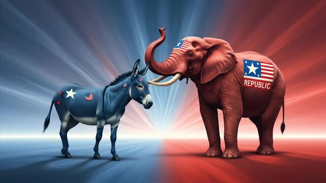 USA Political Parties Confrontation: Donkey vs Elephant Symbols