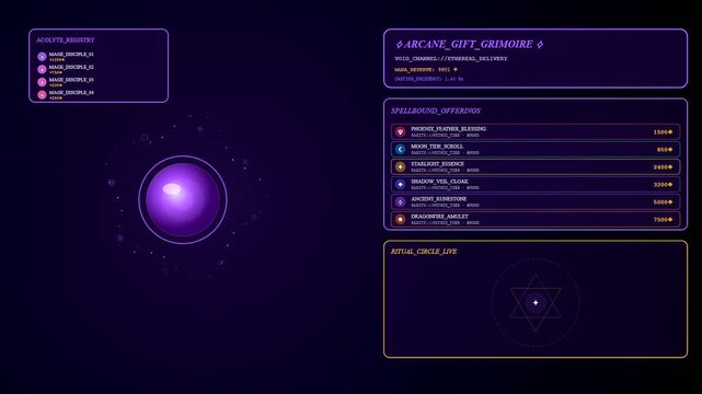 A digital virtual gifting interface glows with radiant purple light inside a minimalist dark menu frame featuring scrolling item lists and geometric ritual icon animations