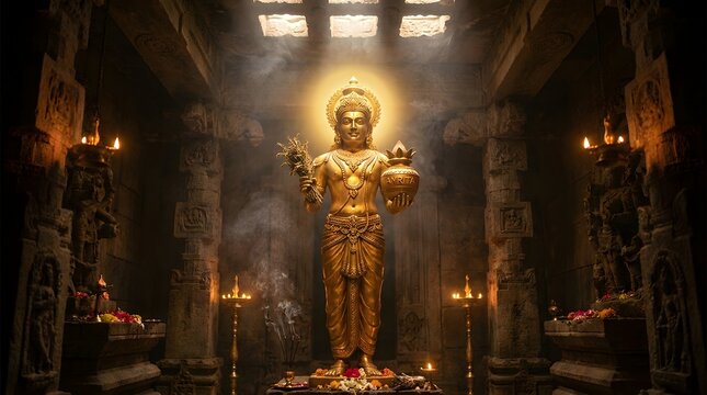 Divine Golden Statue of Lord Dhanvantari in Temple Sanctum