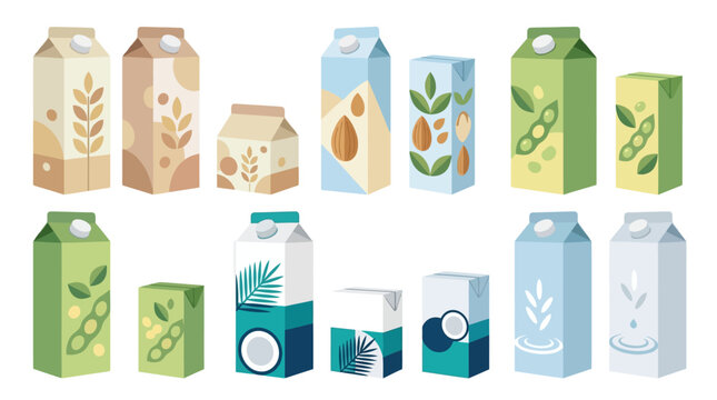 Plant-based milk carton collection featuring various carton designs for almond, soy, and coconut alternatives