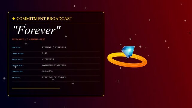 A digital virtual gifting interface displays animated diamond rings with glowing orange halos against a dark gradient backdrop featuring floating particles and technical data readouts
