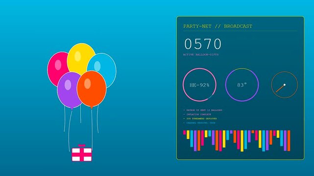 A colorful virtual gifting interface with levitating balloons carrying presents displays dynamic data analytics on blue gradient screens as part of an automated festive animation sequence