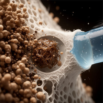 Microscopic illustration of pore blocking and backwashing recovery in water filtration membrane, reverse water jet pushing out organic foulant mass