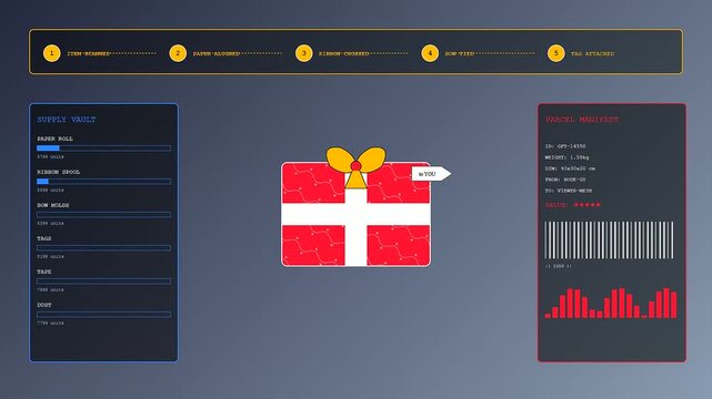 A digital virtual gifting interface illustrates the automated process of wrapping presents with step by step tracking logs and dynamic inventory metrics in a minimalist setup