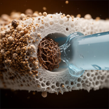 Microscopic view of membrane bioreactor MBR backwashing process, reverse water flux removing biofilm and cake layer clogs from individual membrane pore, wastewater treatment technology