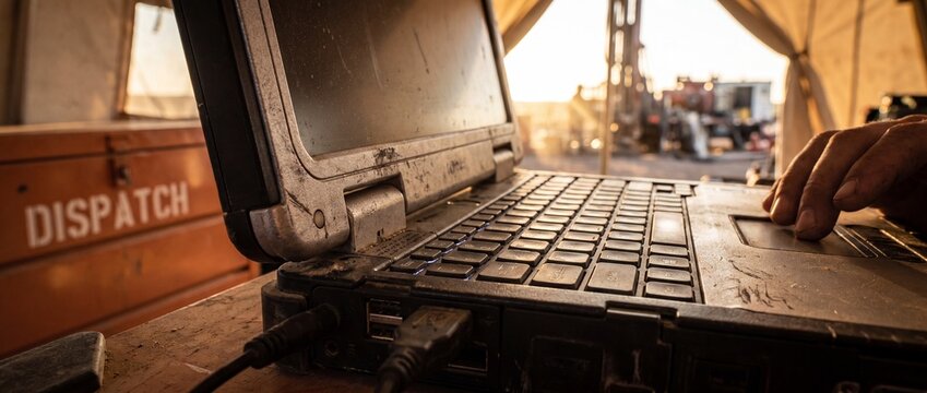 Rugged laptop computer industrial worker operating dirty outdoor terminal at sunset construction site dispatch tent, heavy machinery field equipment background, engineer technical remote telemetry.
