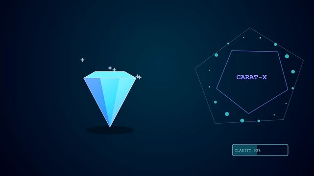 Three floating blue diamonds with a virtual gifting interface appear in this motion graphic showing glowing pentagon outlines and percentage data metrics for modern digital assets