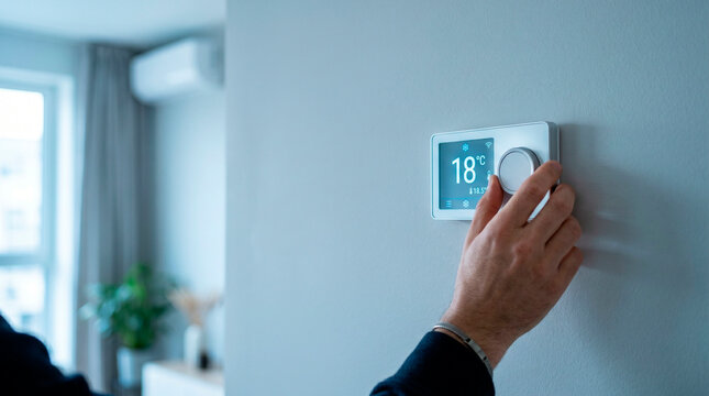 Man adjusting temperature on digital wall thermostat. Smart home climate control system for heater and air conditioning. Managing indoor thermal comfort and energy efficiency concept.