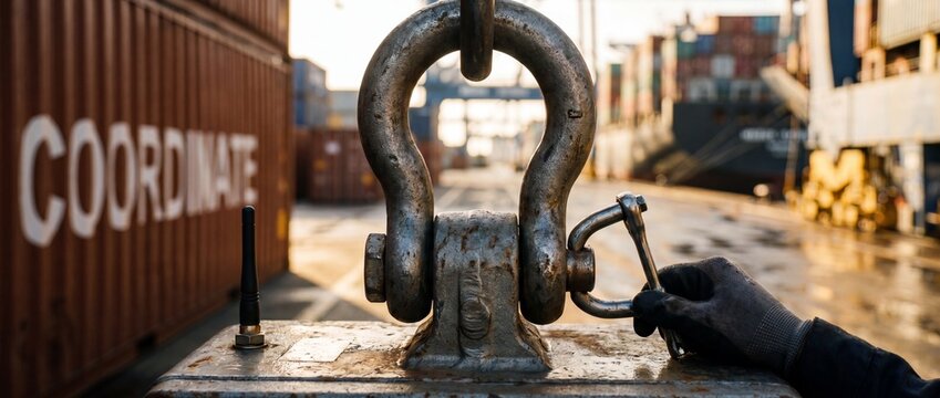 Industrial steel rigging shackle hook close up being secured by hand at a shipping container port terminal during sunset, representing maritime cargo logistics, marine transport, and heavy safety.